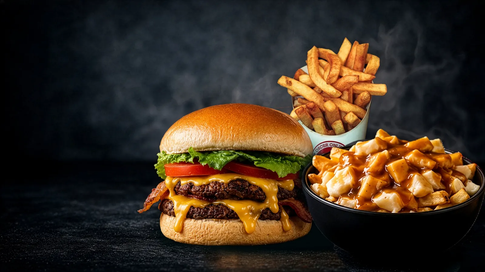 A Sam's Grill double burger beside fresh-cut fries and a bowl of poutine