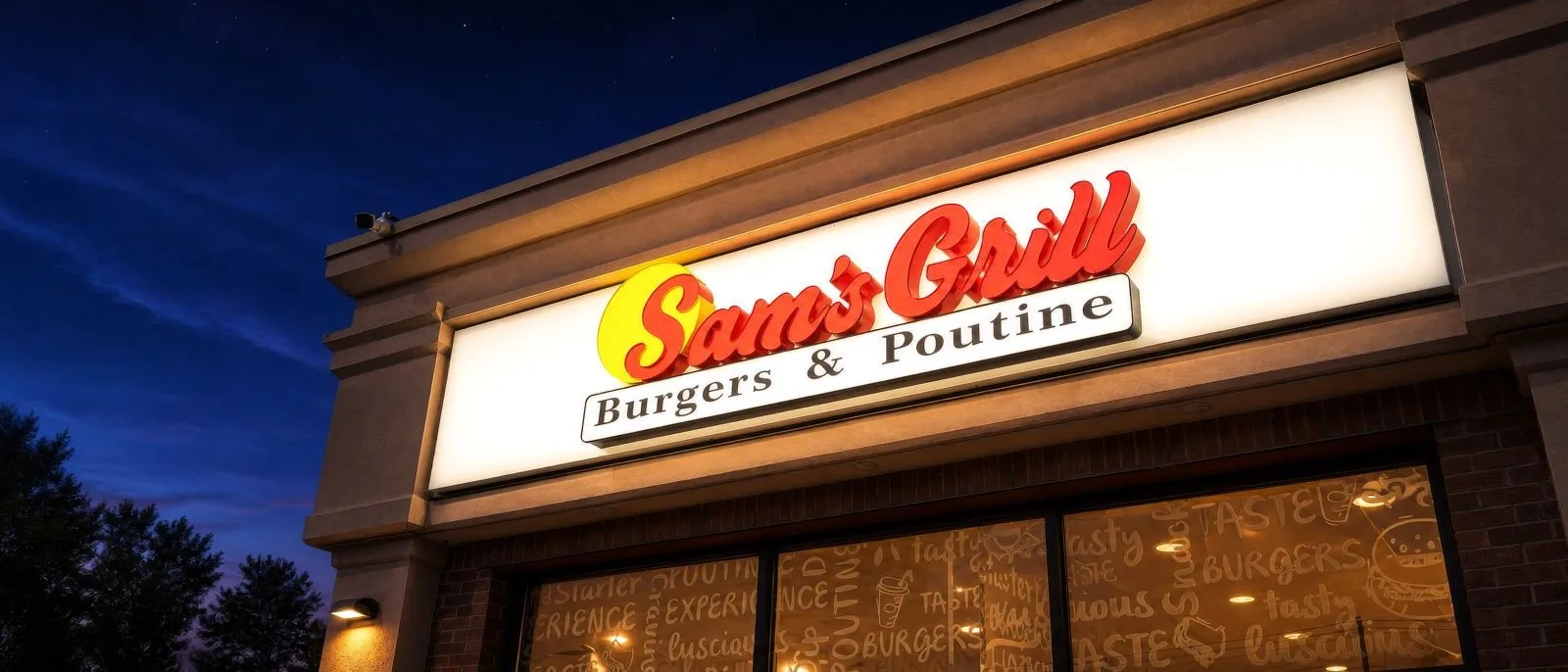The illuminated Sam's Grill sign above the storefront against a deep blue evening sky
